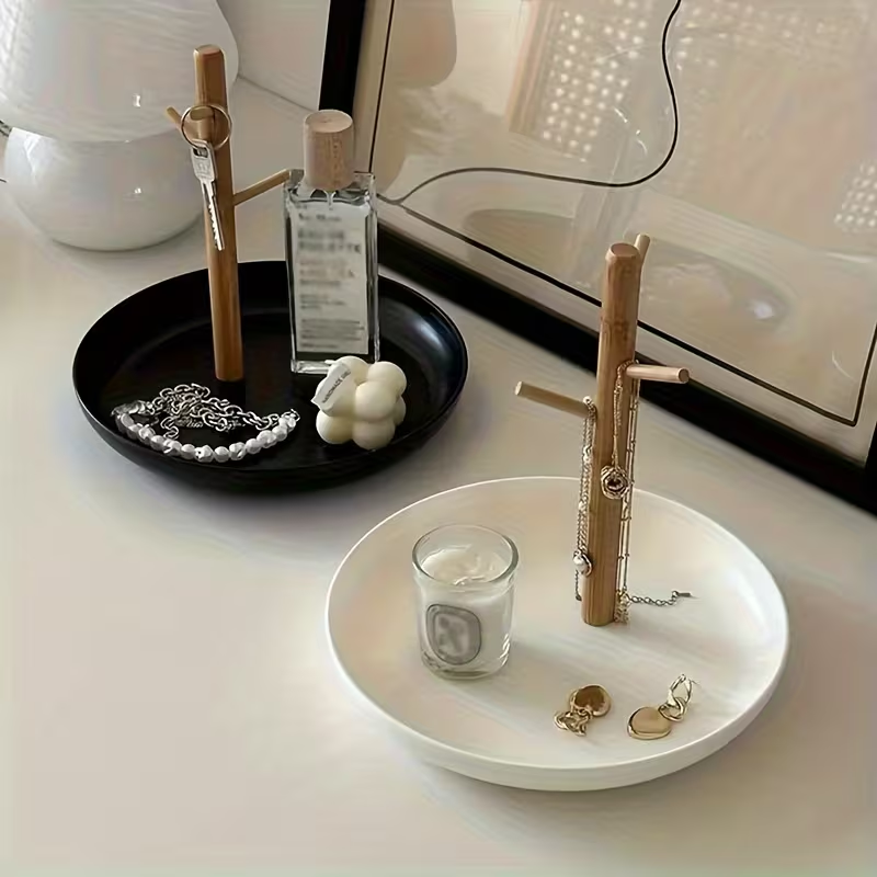 Ceramic Tray with Bamboo Tree Hook Stand – White / Black