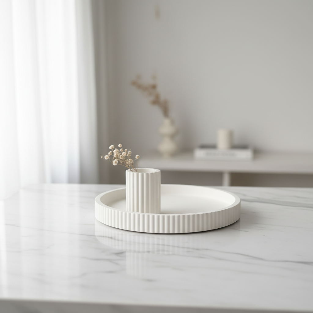 White ribbed tray and vase set on marble surface with dried flowers