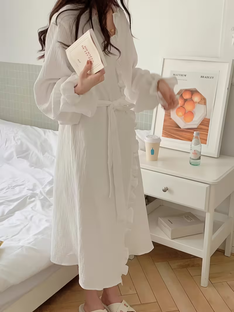 Ruffle Trim Wrap Robe Dress – White