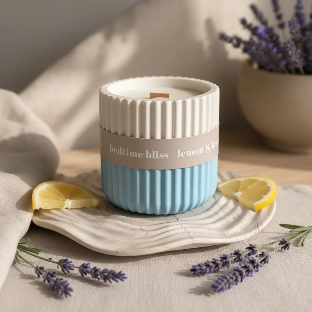 Bedtime Bliss lemon and lavender candle in ribbed two-tone ceramic vessel with wooden wick