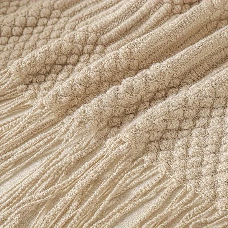 Textured Tassel Throw Blanket – Ivory / Khaki