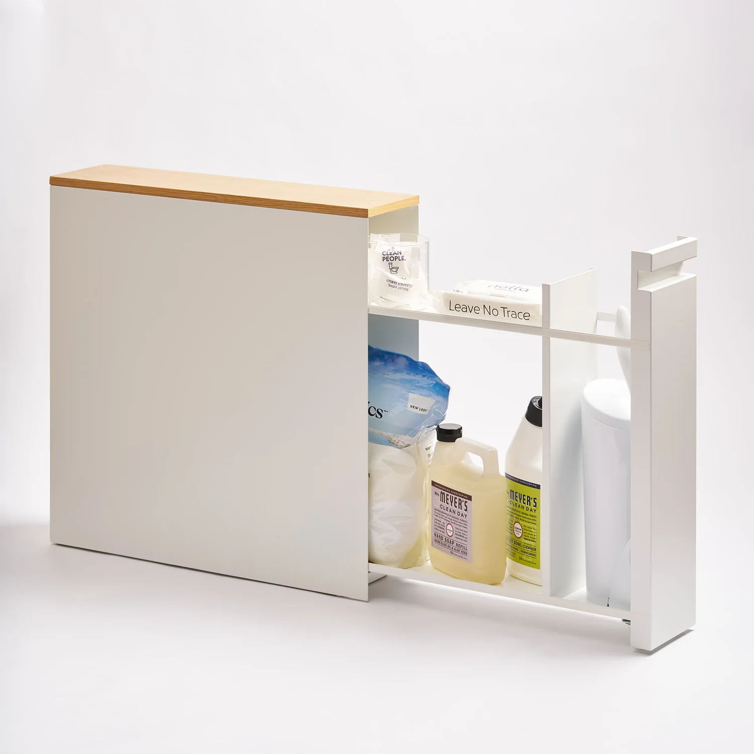 Slim Pull-Out Bathroom Cabinet with Wood Top - Steel