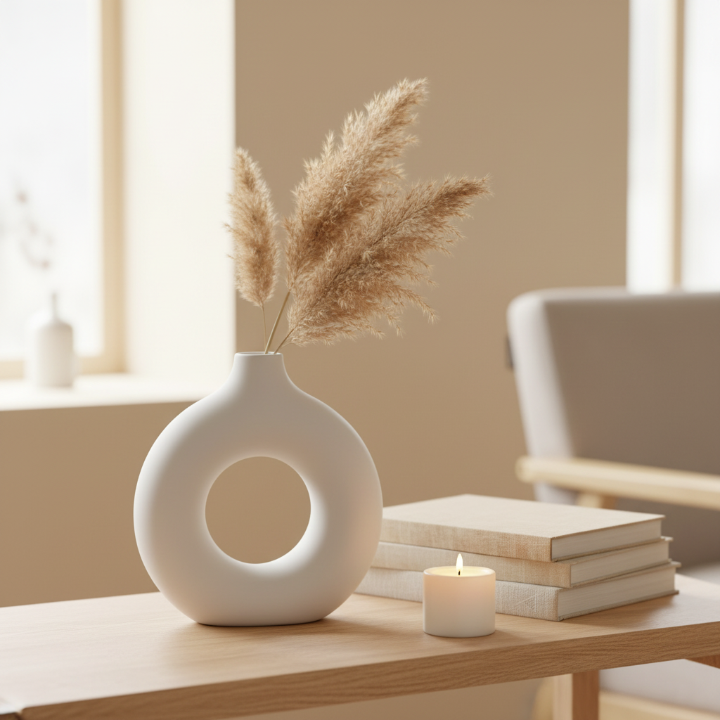 Ceramic ring vase styled on wooden shelf with dried flowers
