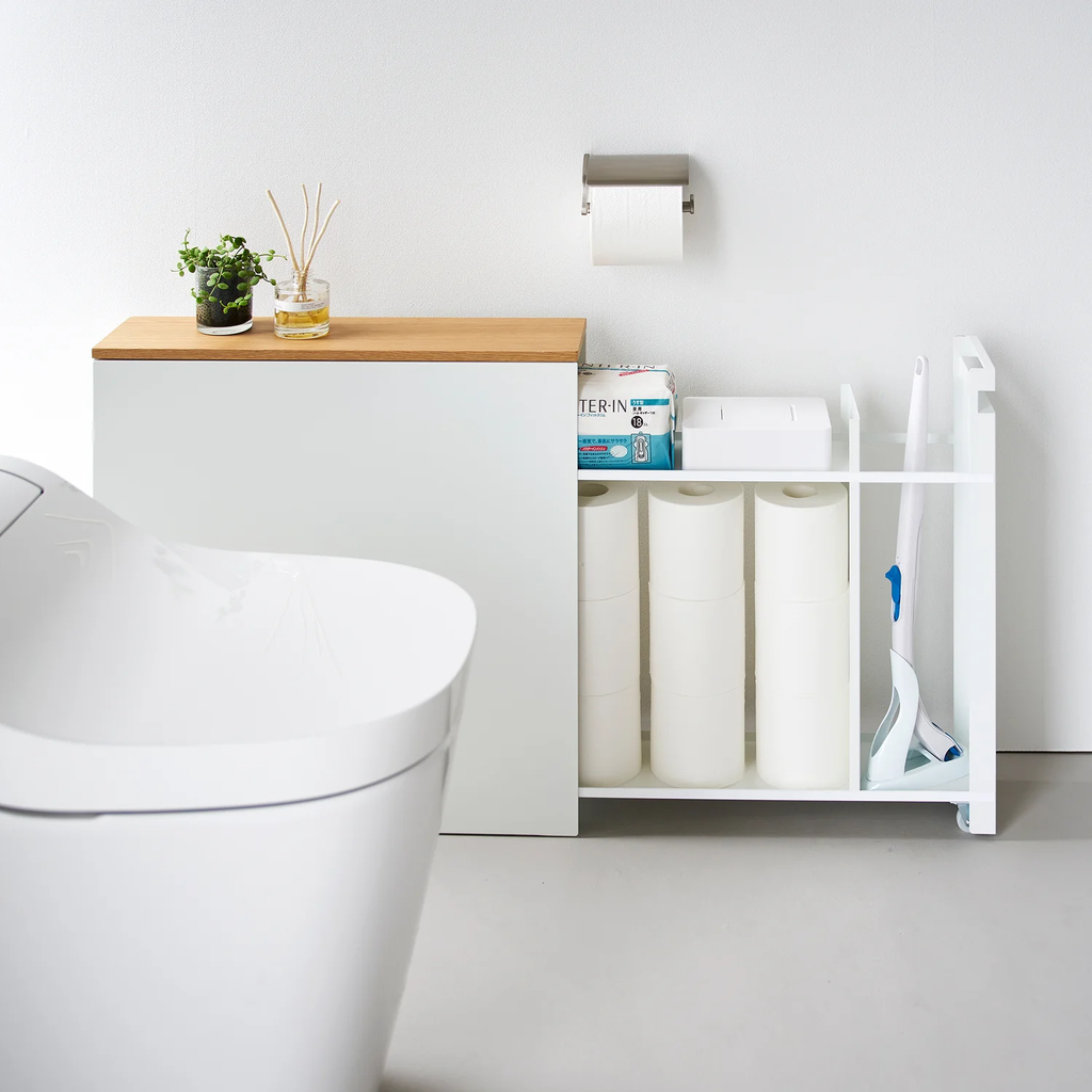 Slim Pull-Out Bathroom Cabinet with Wood Top - Steel