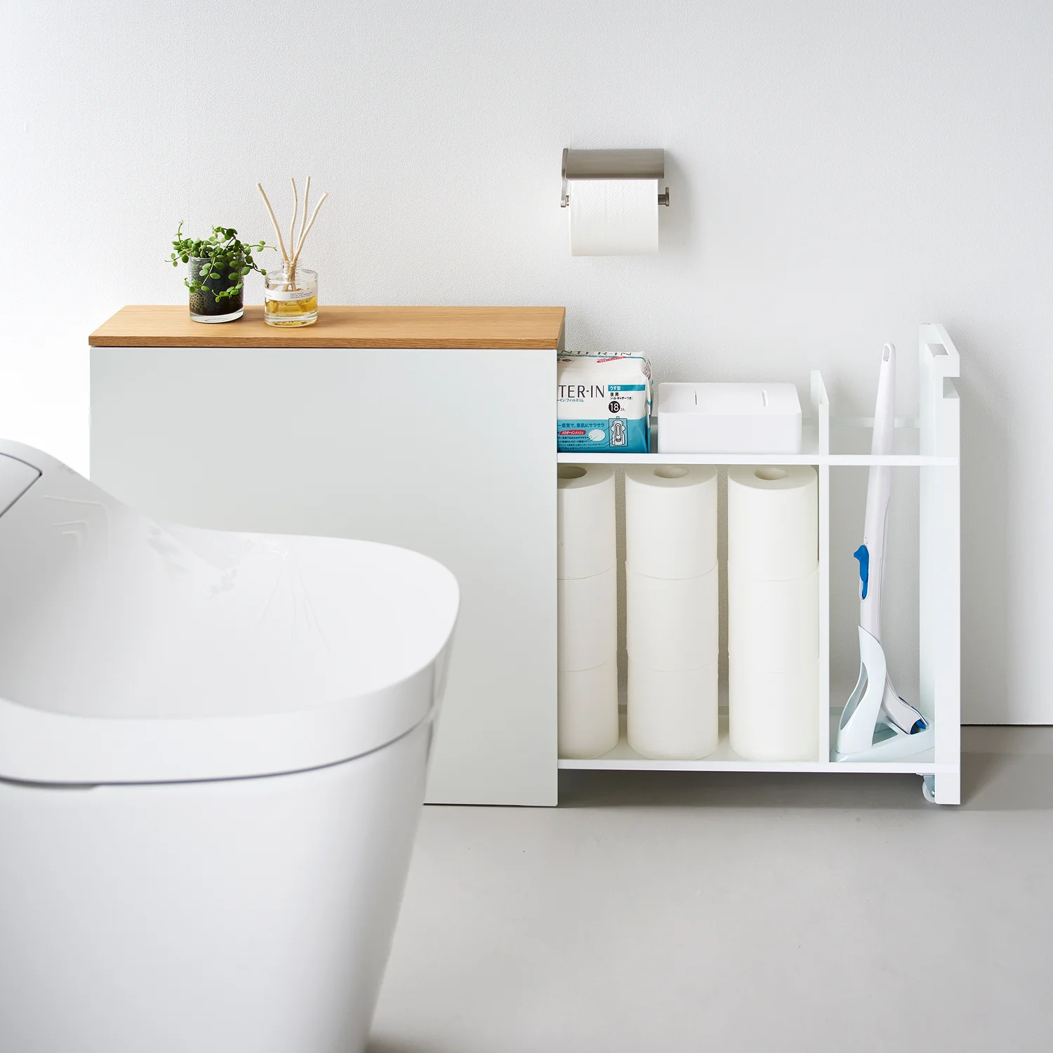 Slim Pull-Out Bathroom Cabinet with Wood Top - Steel