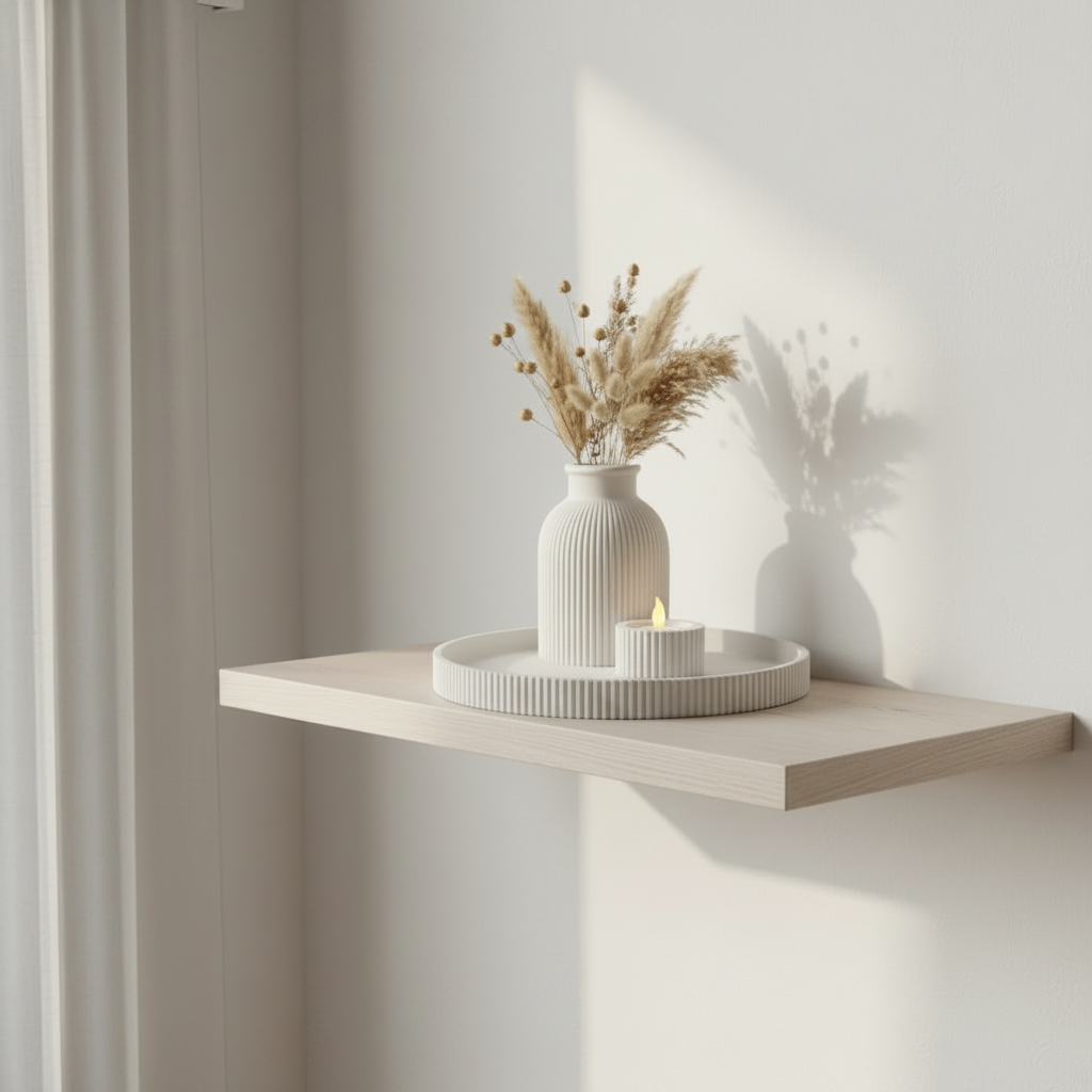 White ribbed set with lavender on floating shelf