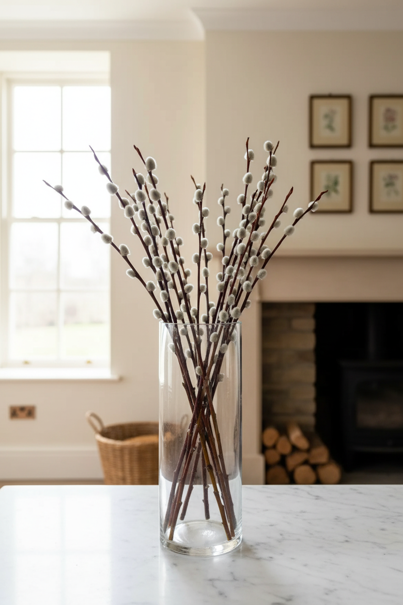 Dried pussy willow branches in tall glass vase on white marble mantelpiece