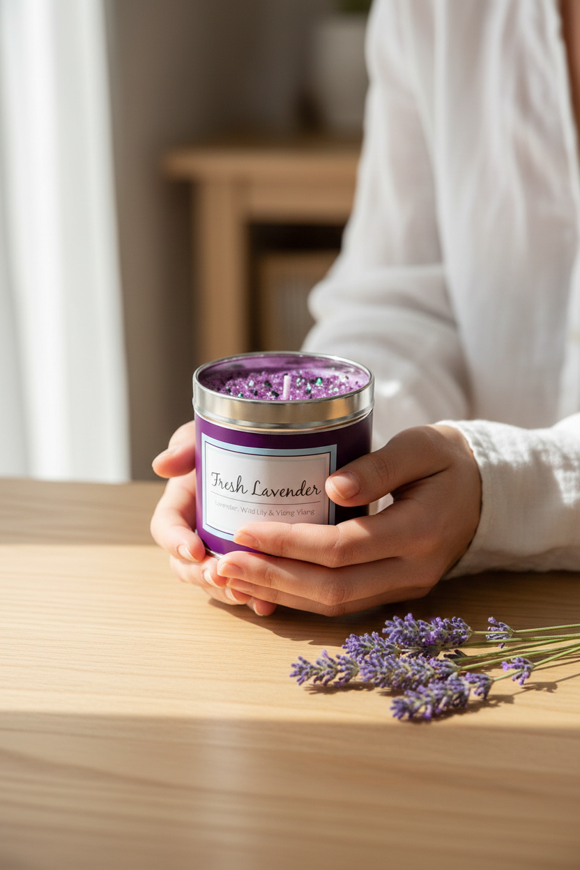 Woman holding Fresh Lavender purple tin candle with amethyst crystal topping