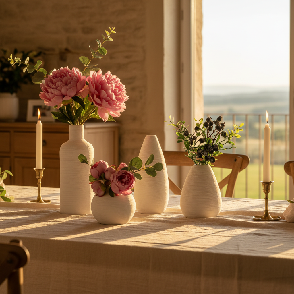 White ceramic vases as dining table centrepiece with peonies