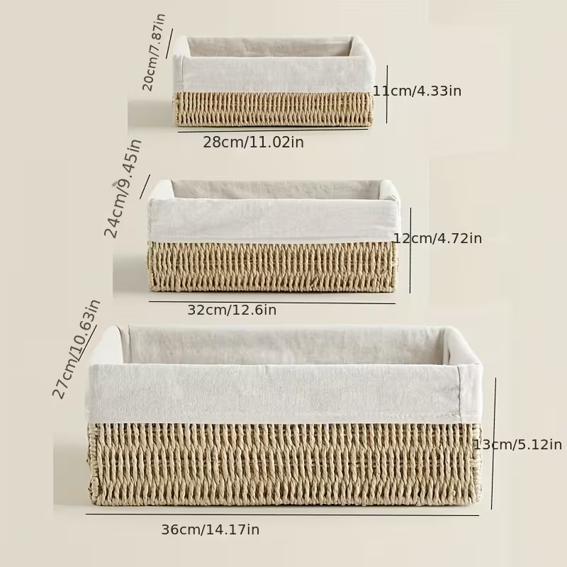 Woven Paper Rope Storage Basket Set of 3 – Natural & Linen Liner