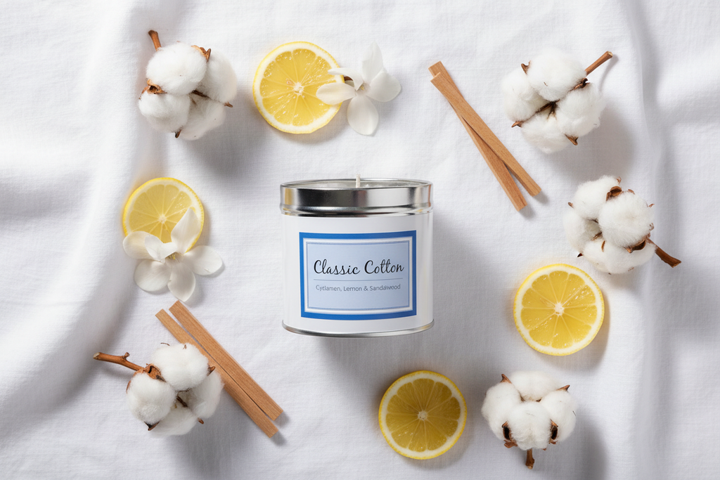 Classic Cotton candle flat lay with cotton bolls, lemon and cyclamen flowers