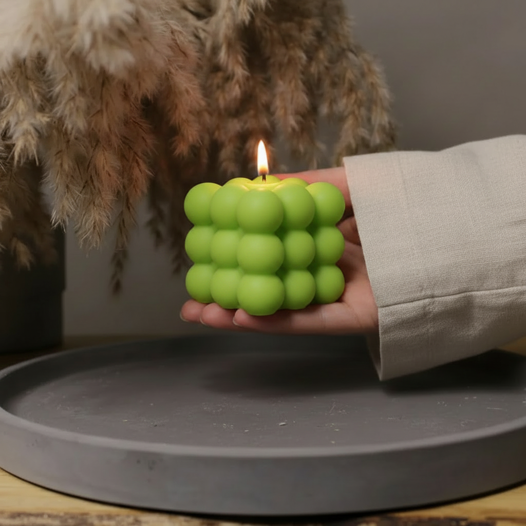Hand holding lime green bubble soy candle