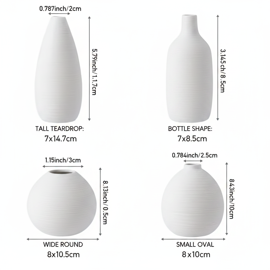 Ceramic vase set dimensions diagram