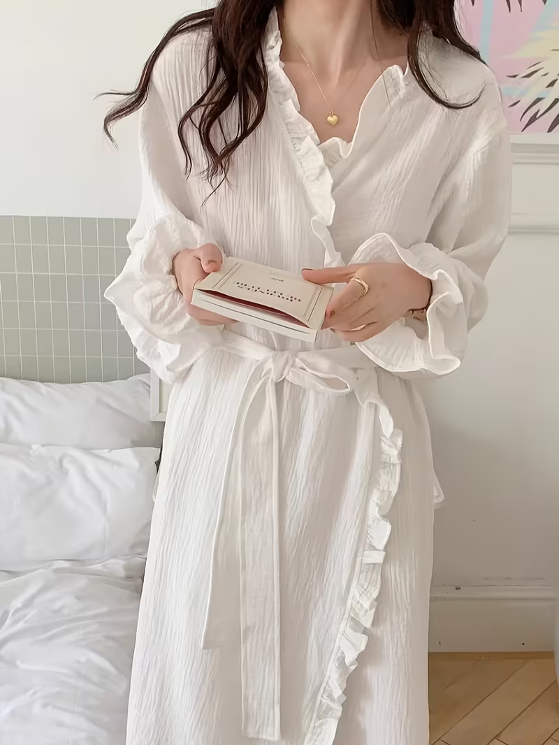 Ruffle Trim Wrap Robe Dress – White
