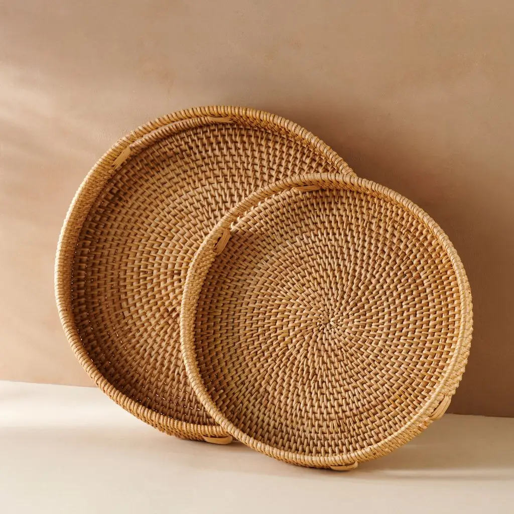 Handwoven Rattan Round Tray with Handles — Natural Honey | 30cm or 35cm