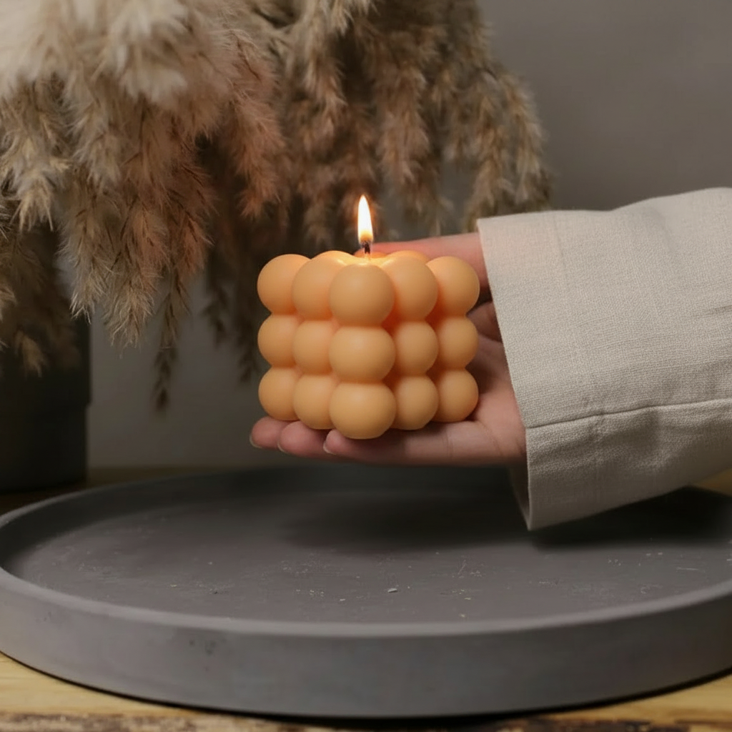 Hand holding orange bubble soy candle