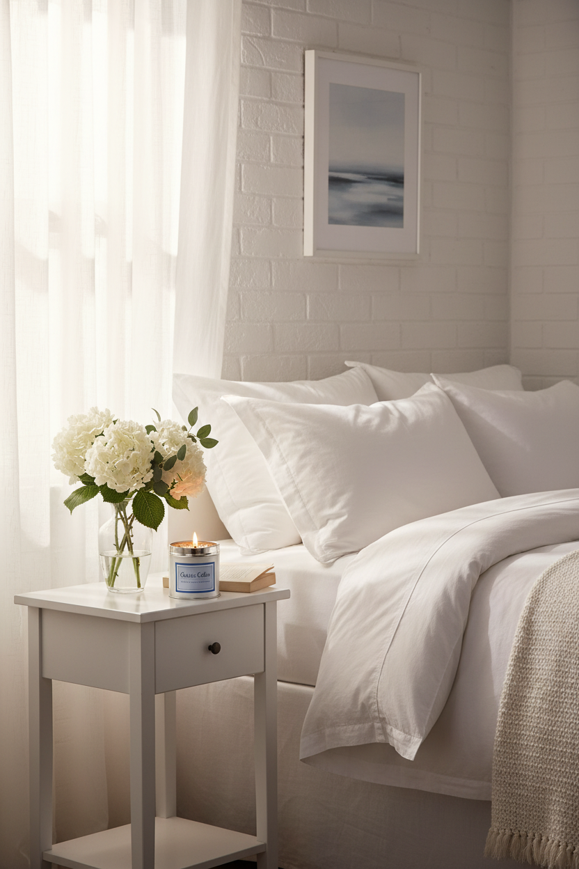Classic Cotton candle burning on white bedside table with morning sunlight