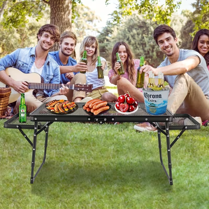 Folding Mesh Camping Table with Side Wings – Height Adjustable