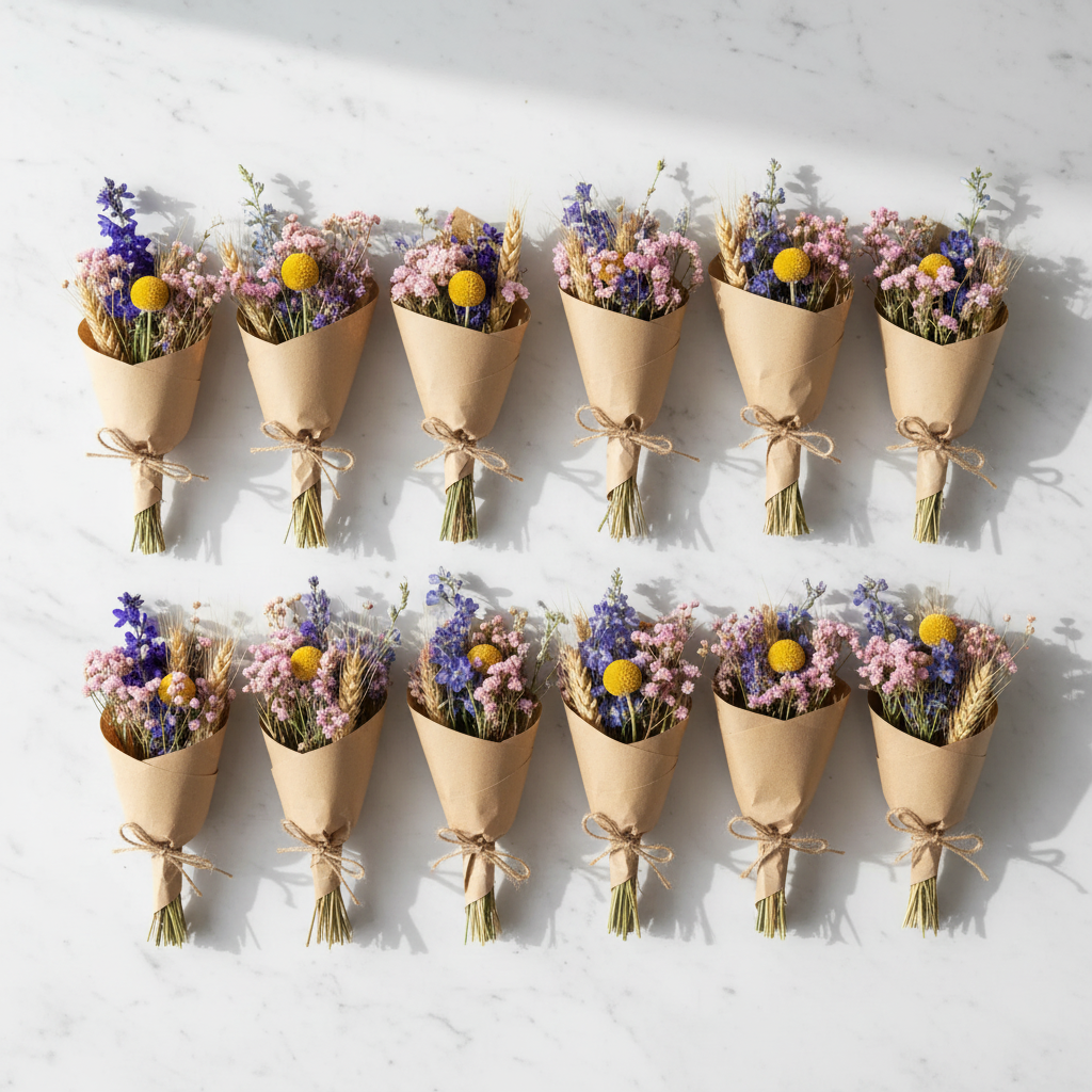 Ten mini dried flower bouquets in kraft paper wrapping on white marble surface