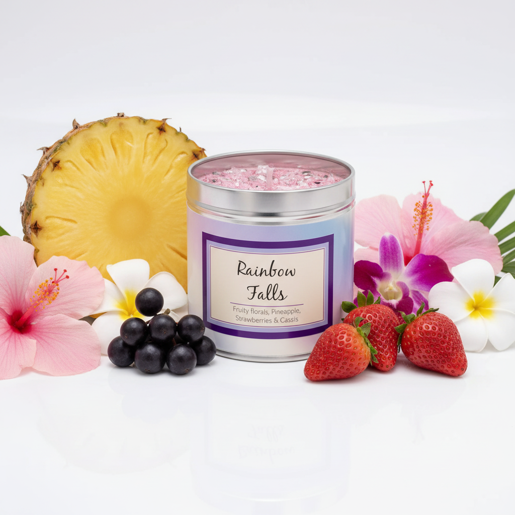 Rainbow Falls iridescent tin candle with pink crystal topping and tropical fruit props