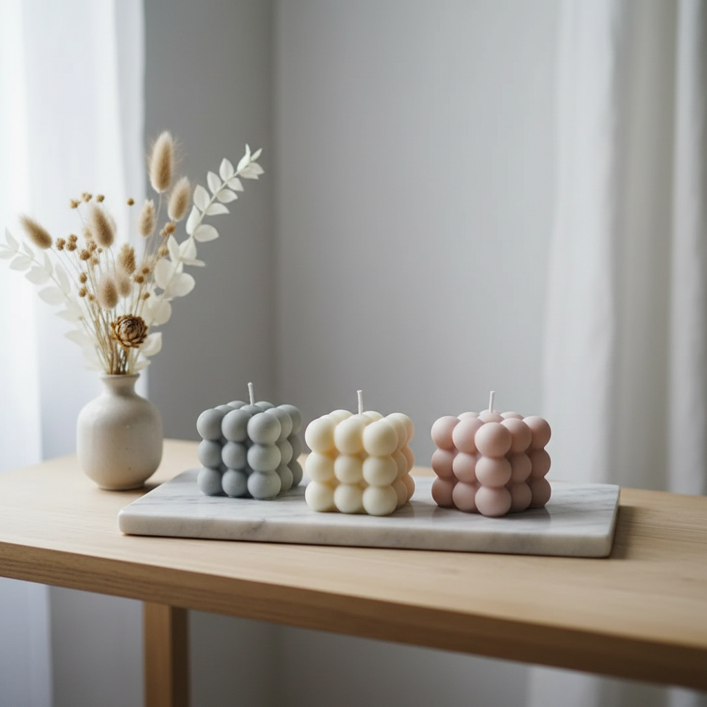 Three bubble candles in cream grey and pink on marble tray