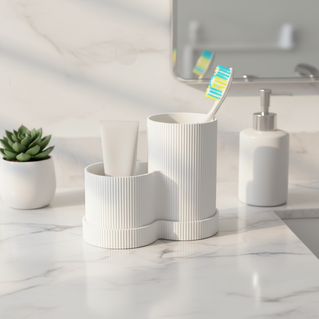 White ribbed toothbrush holder on marble bathroom countertop