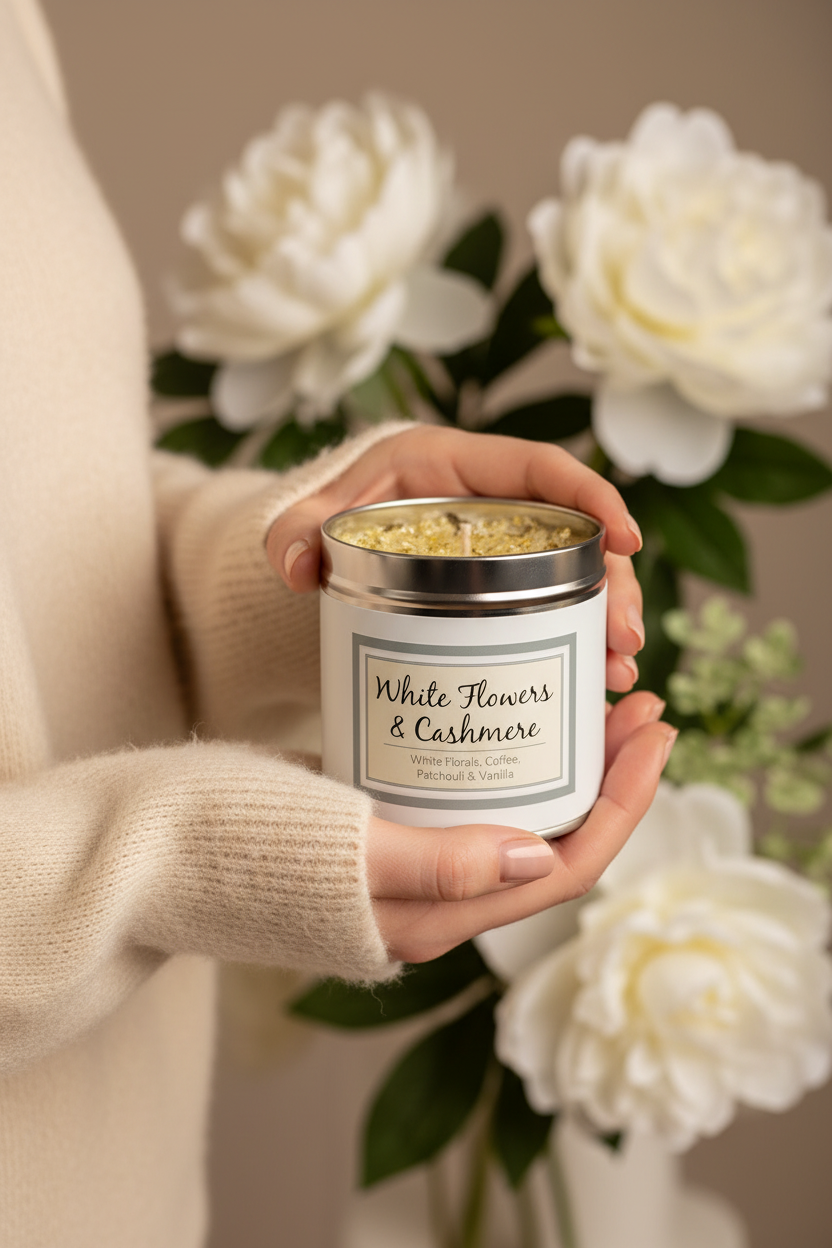 Woman in cashmere sweater holding White Flowers & Cashmere tin candle