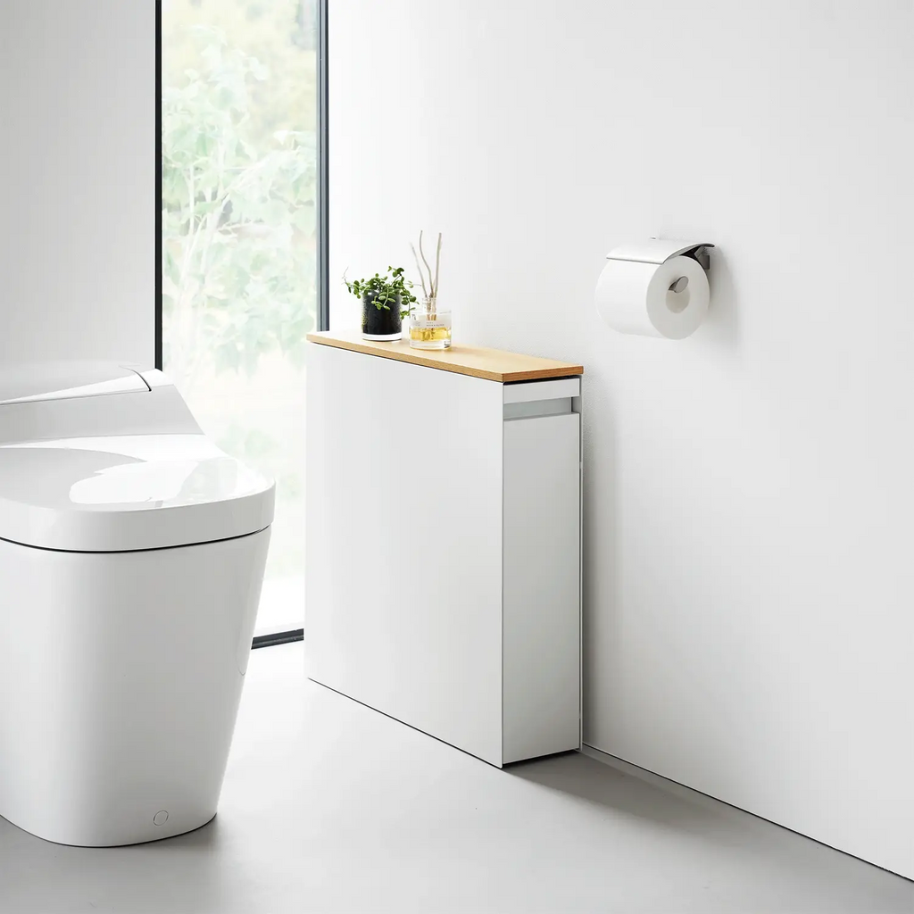Slim Pull-Out Bathroom Cabinet with Wood Top - Steel