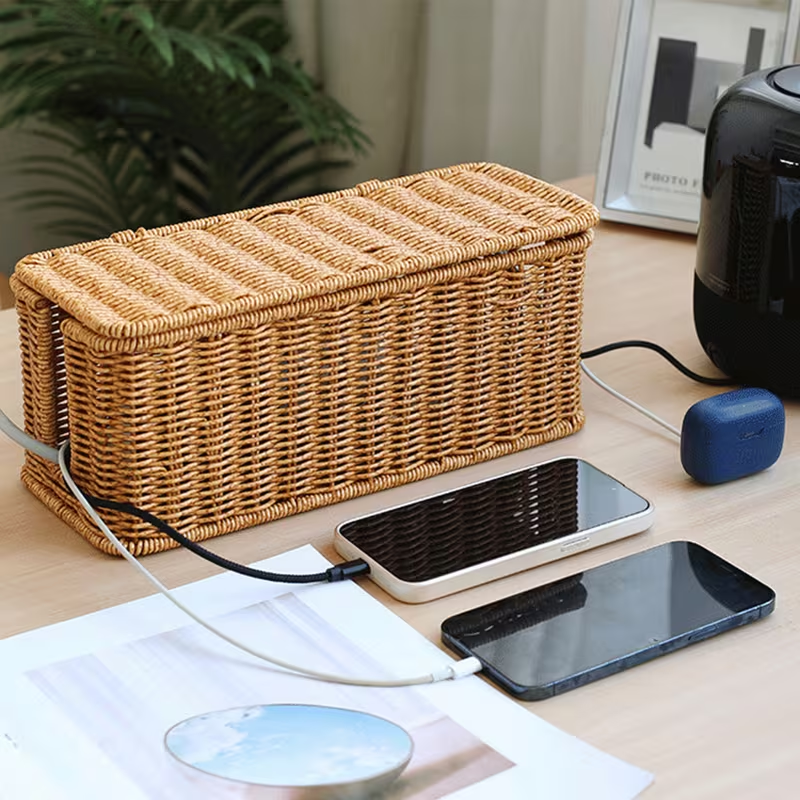 Woven Rattan Cable Management Box with Lid – Natural
