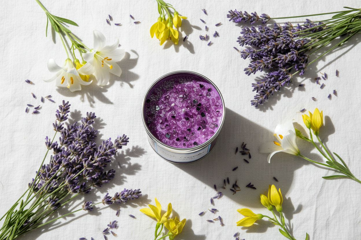 Fresh Lavender candle flat lay with lavender sprigs, wild lily and ylang ylang flowers