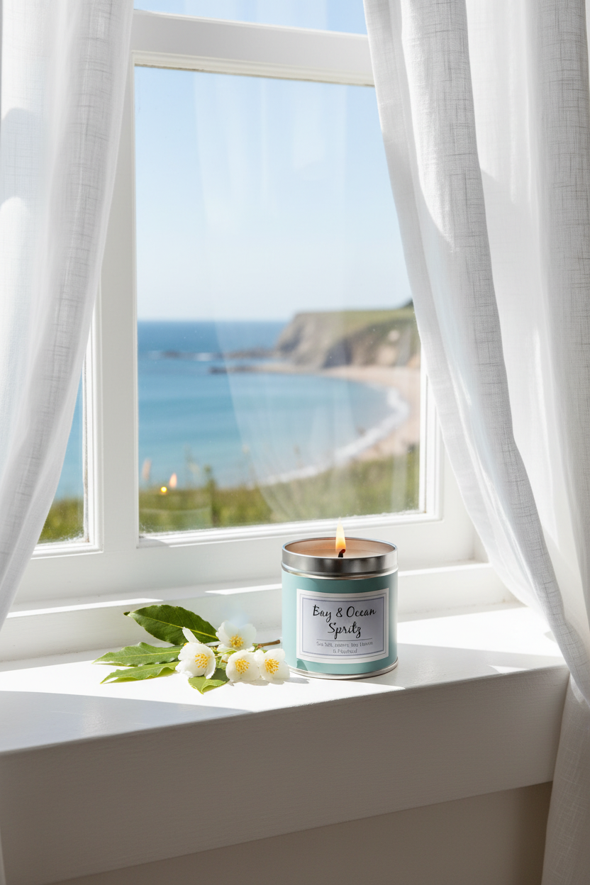 Bay & Ocean Spritz candle burning on coastal windowsill with ocean view