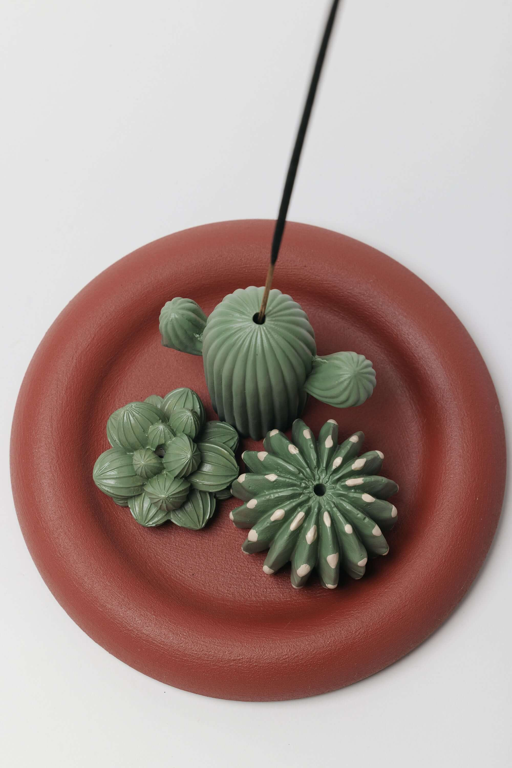 Plant Lover Incense Stick Holder Set – Cactus, Domino & Succulent with Red Clay Coaster