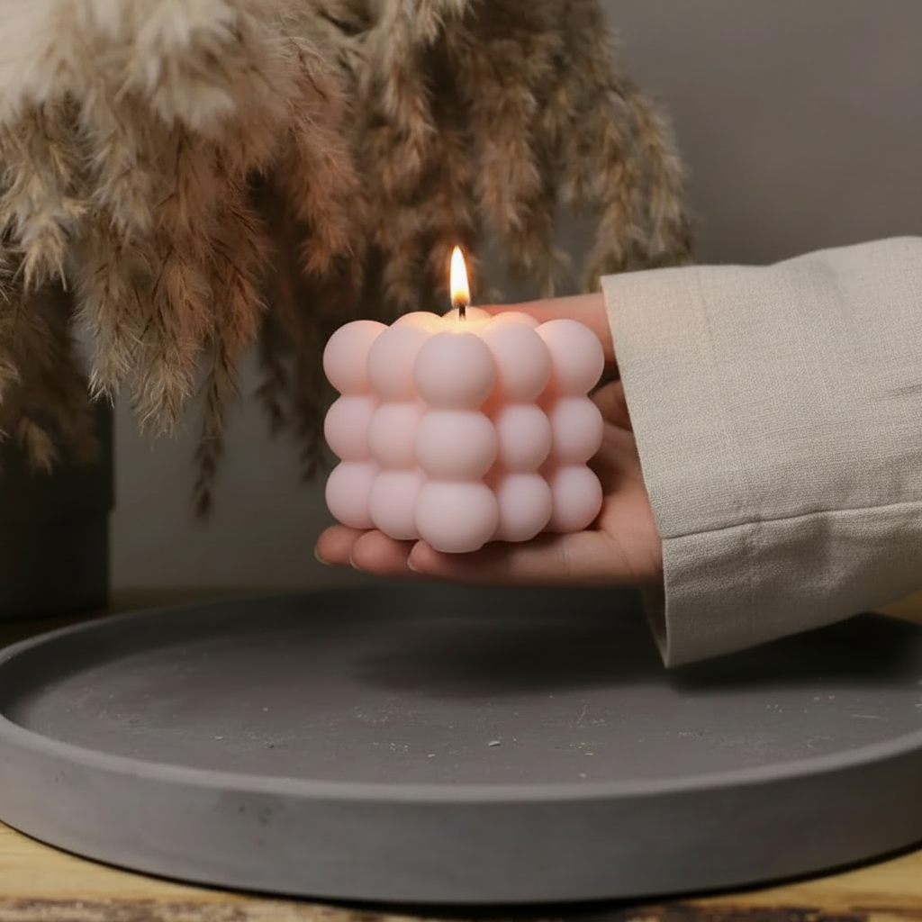 Hand holding pink bubble soy candle