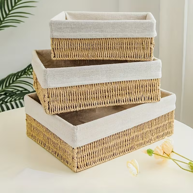 Woven Paper Rope Storage Basket Set of 3 – Natural & Linen Liner