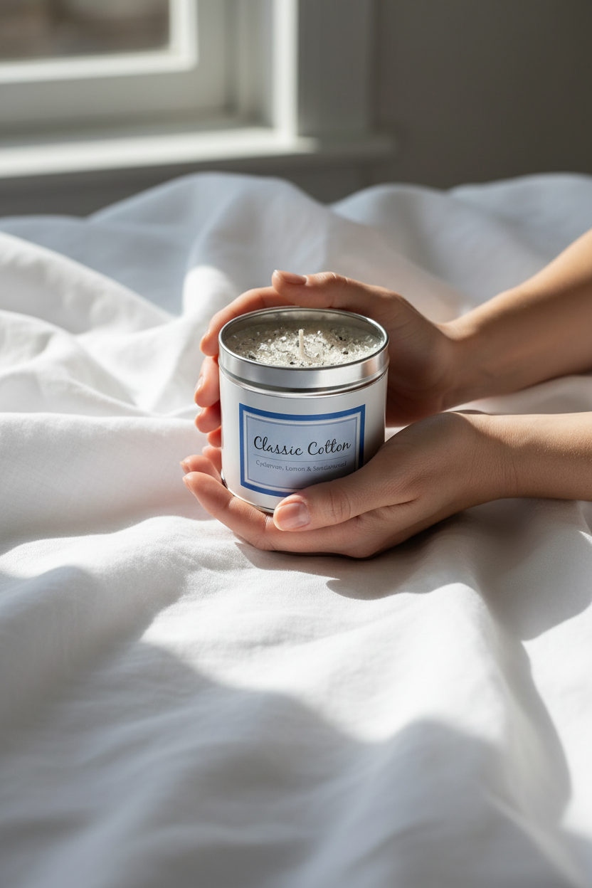 Woman's hands holding Classic Cotton white tin candle with white linen background