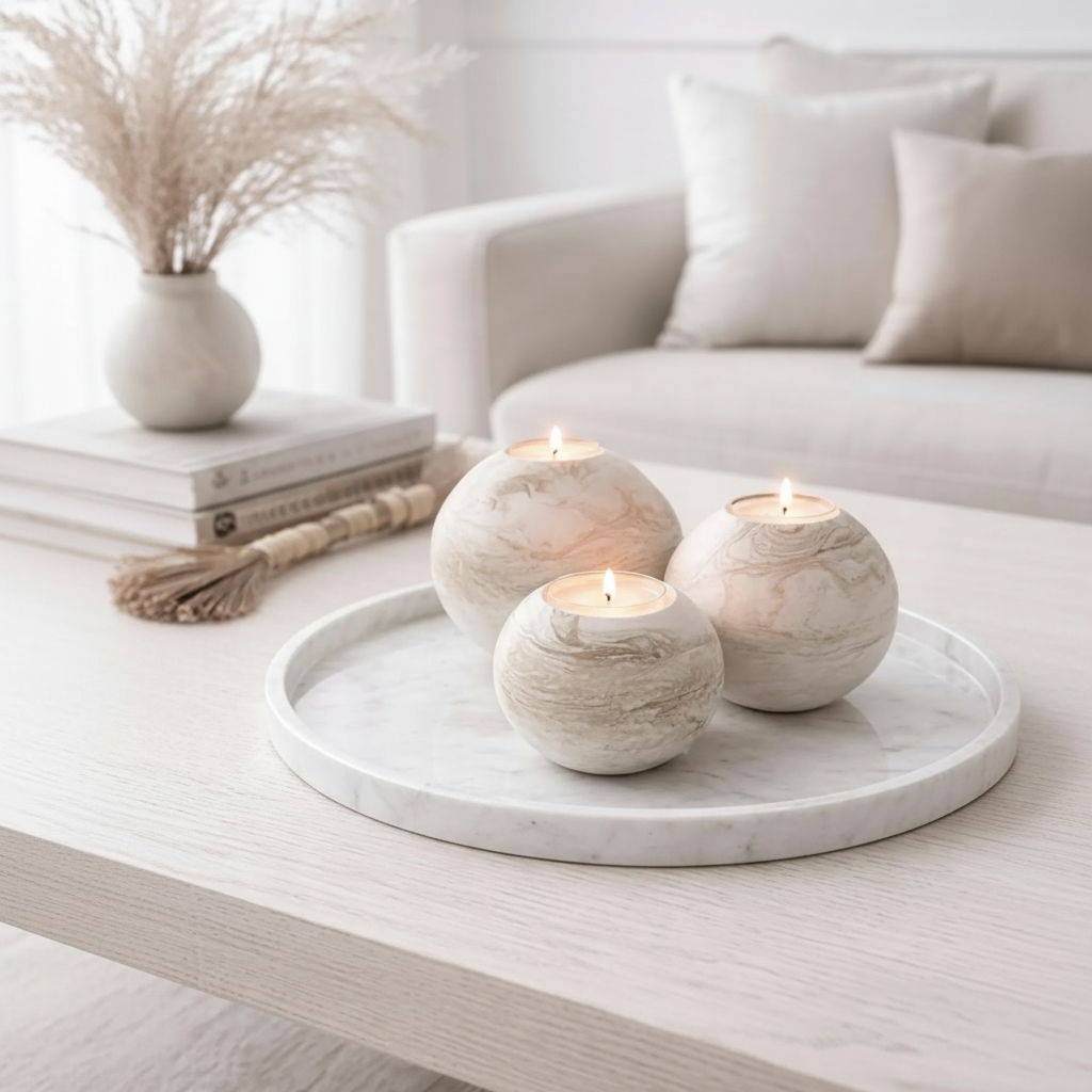 Three marble ceramic sphere candle holders on coffee table with pampas grass