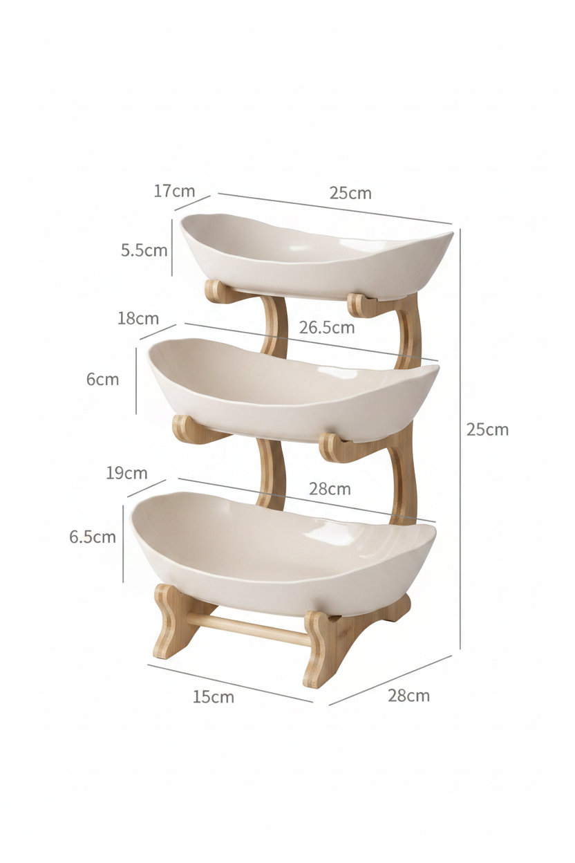 3-tier bamboo fruit stand dimensions diagram