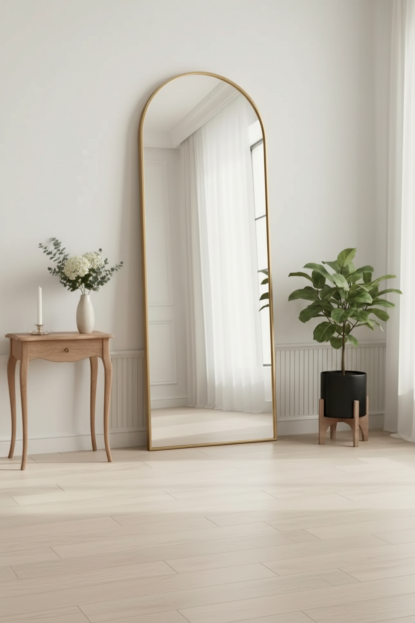 Gold arch mirror in bright hallway entryway