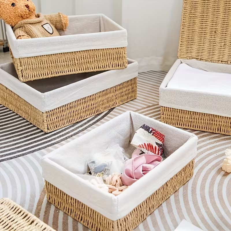 Woven Paper Rope Storage Basket Set of 3 – Natural & Linen Liner