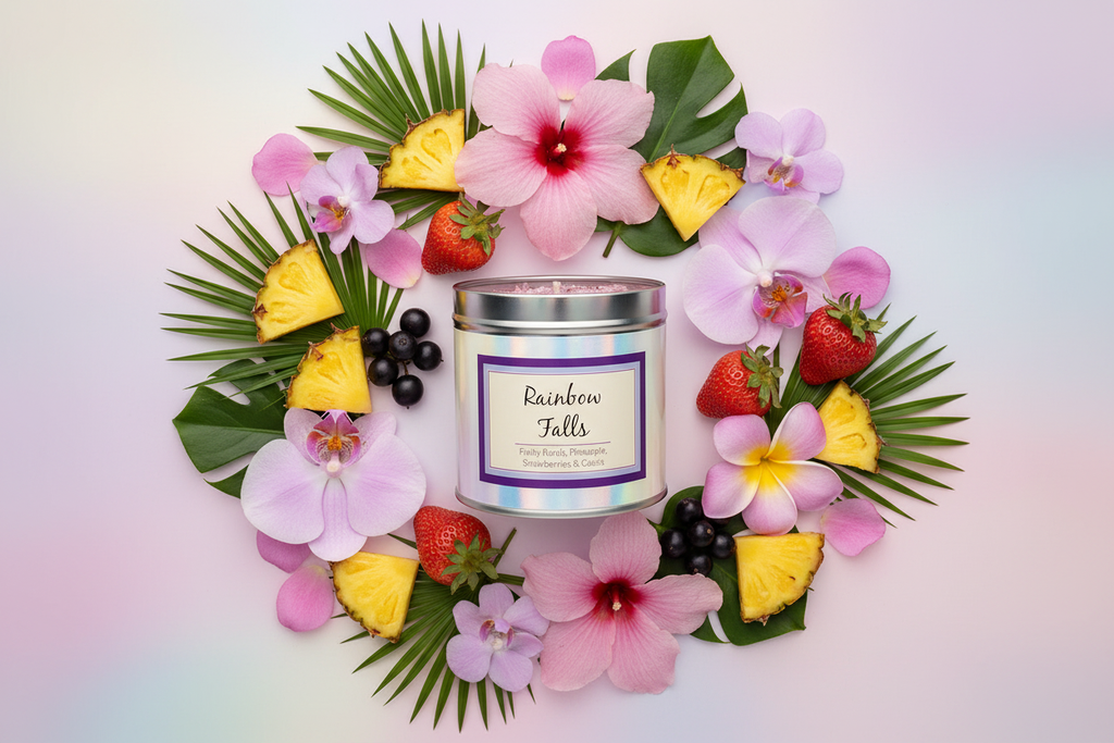 Rainbow Falls candle flat lay with pineapple, strawberries, tropical flowers and cassis