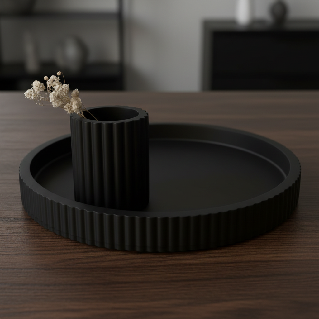 Black ribbed tray and vase set on dark oak surface with pampas grass