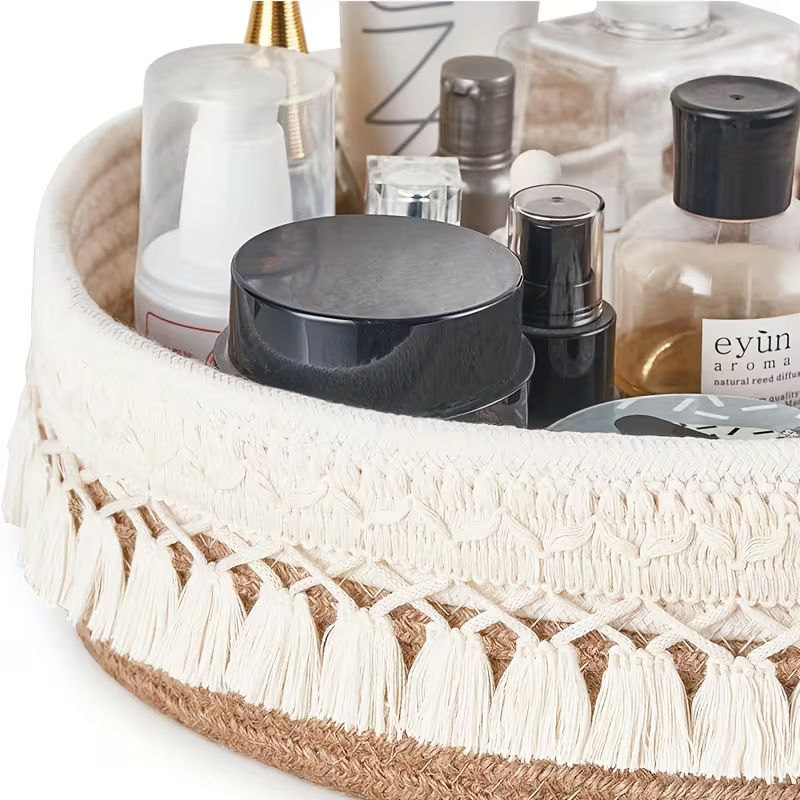 Boho Macramé Tassel Round Storage Basket – Cotton Rope & Jute