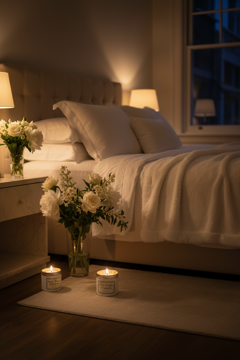 White Flowers & Cashmere candle burning in luxurious bedroom with cashmere throw