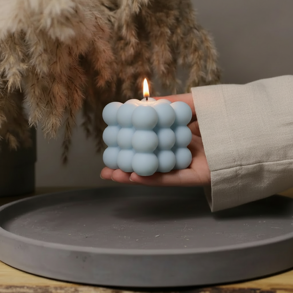 Hand holding blue bubble soy candle