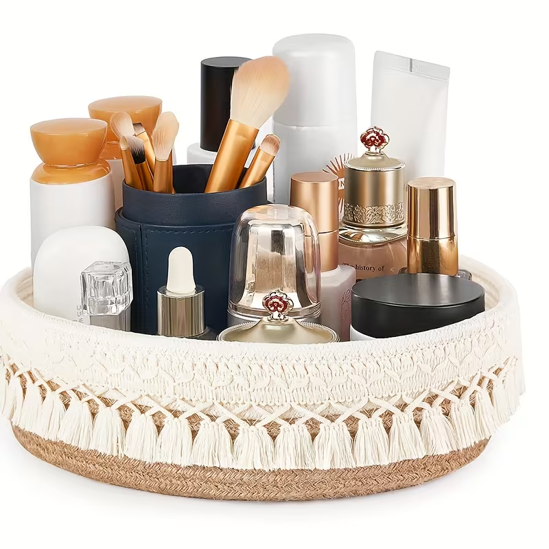 Boho Macramé Tassel Round Storage Basket – Cotton Rope & Jute