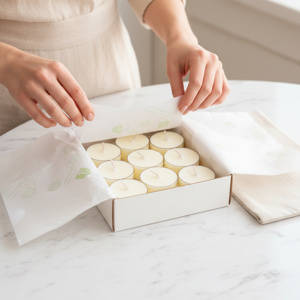 Woman's hands opening white gift box with soy tea light candles