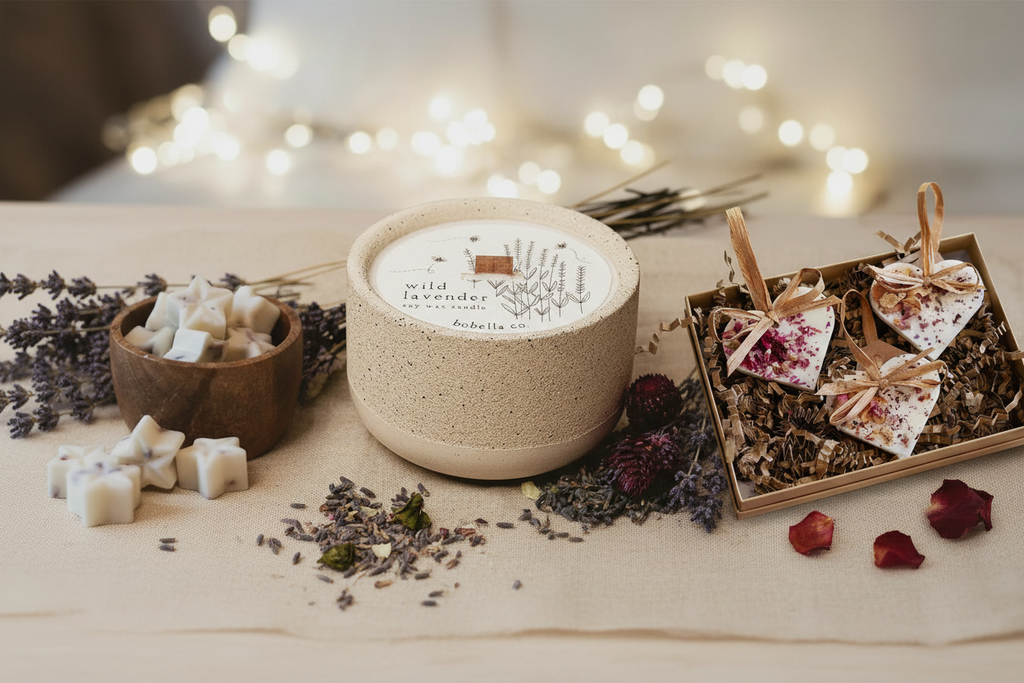 Wild Lavender spa gift set hero shot with lavender sprigs and heart decorations