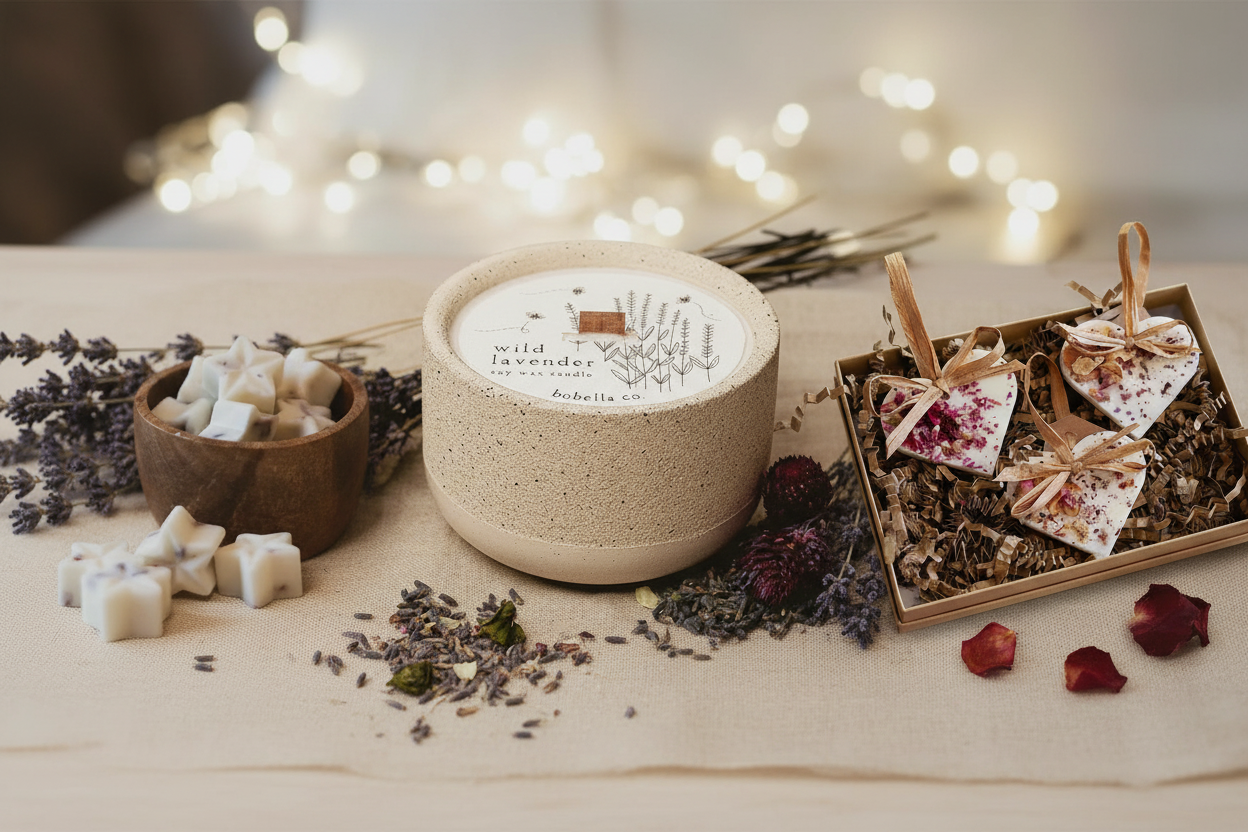 Wild Lavender spa gift set hero shot with lavender sprigs and heart decorations