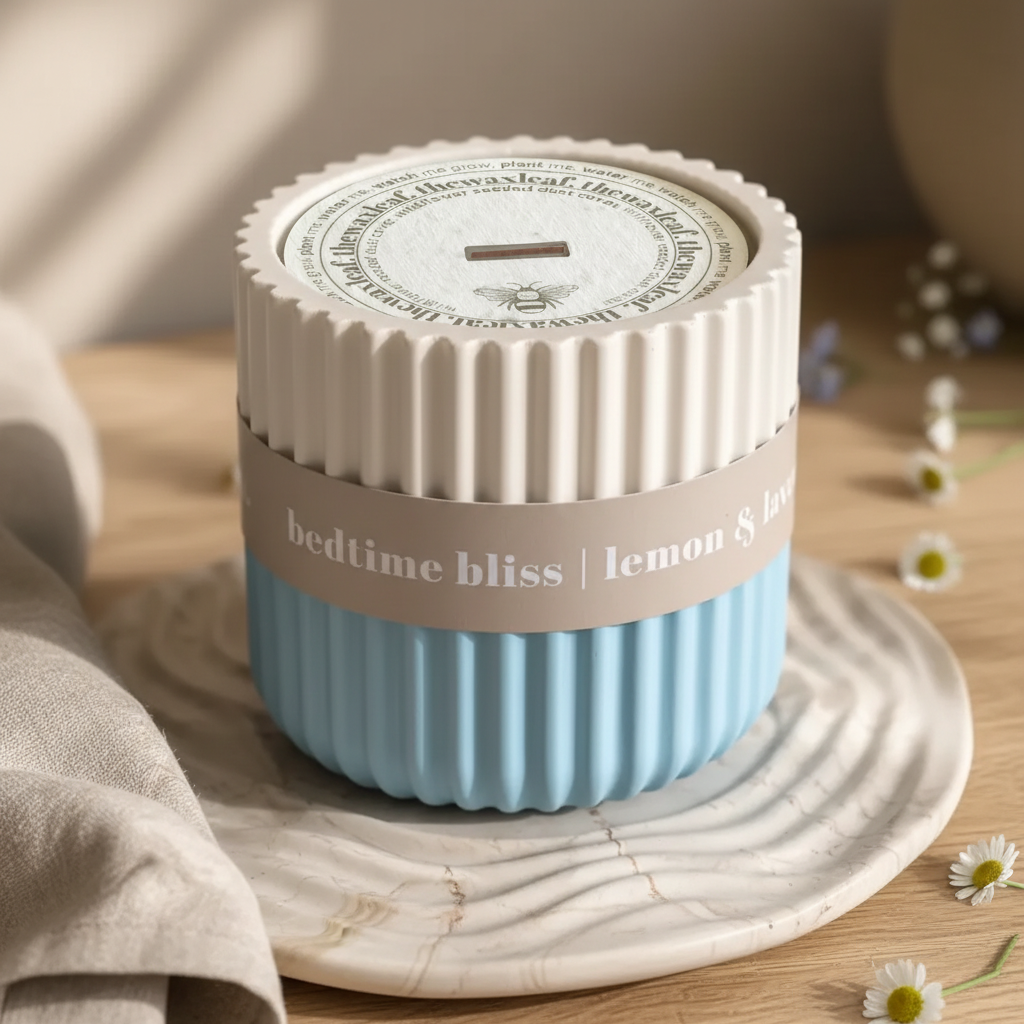 Close up of plantable wildflower seed paper dust cover with bee illustration on ceramic candle