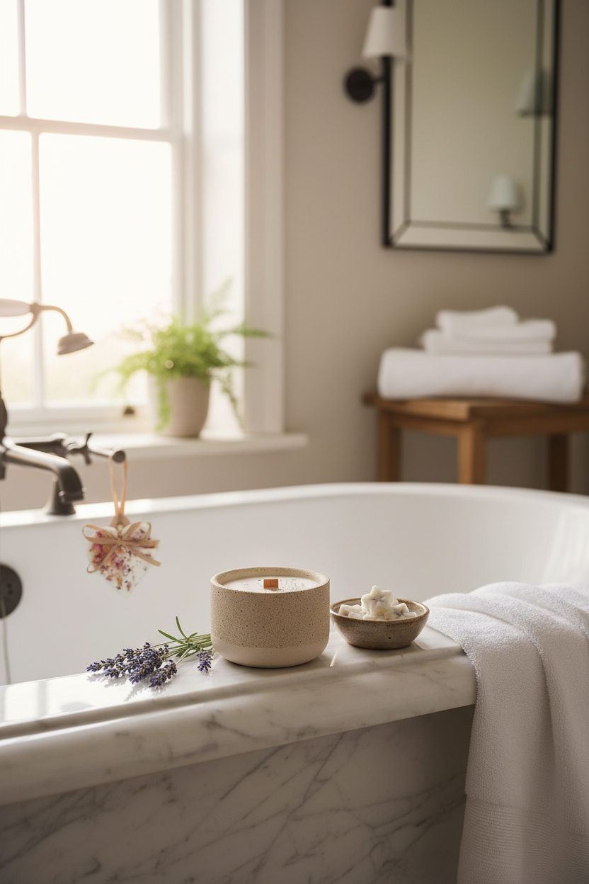 Wild lavender candle and heart decoration in serene spa bathroom scene